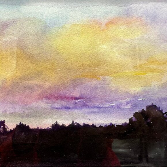Watercolor Painting Evening Sky Purple Yellow Signed Original Wall Art J Scott - Picture 4 of 9
